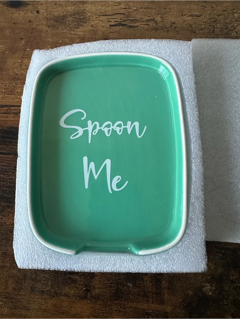 Ceramic Spoon Rest in Seafoam Green Says, Spoon Me, w/ White Script Font NWT